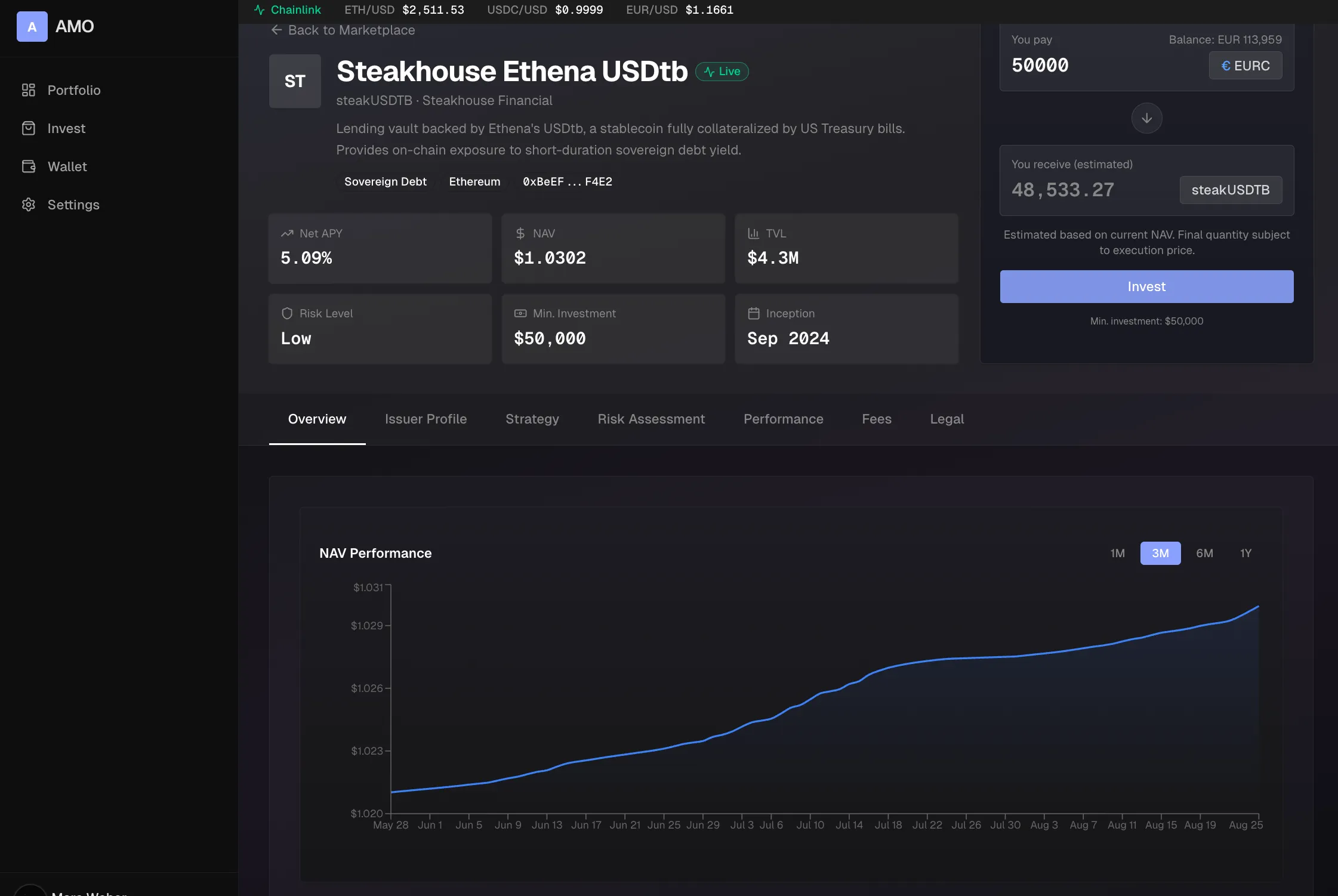 The allocation flow: EURC in, vault shares out | Screenshot · synthetic data