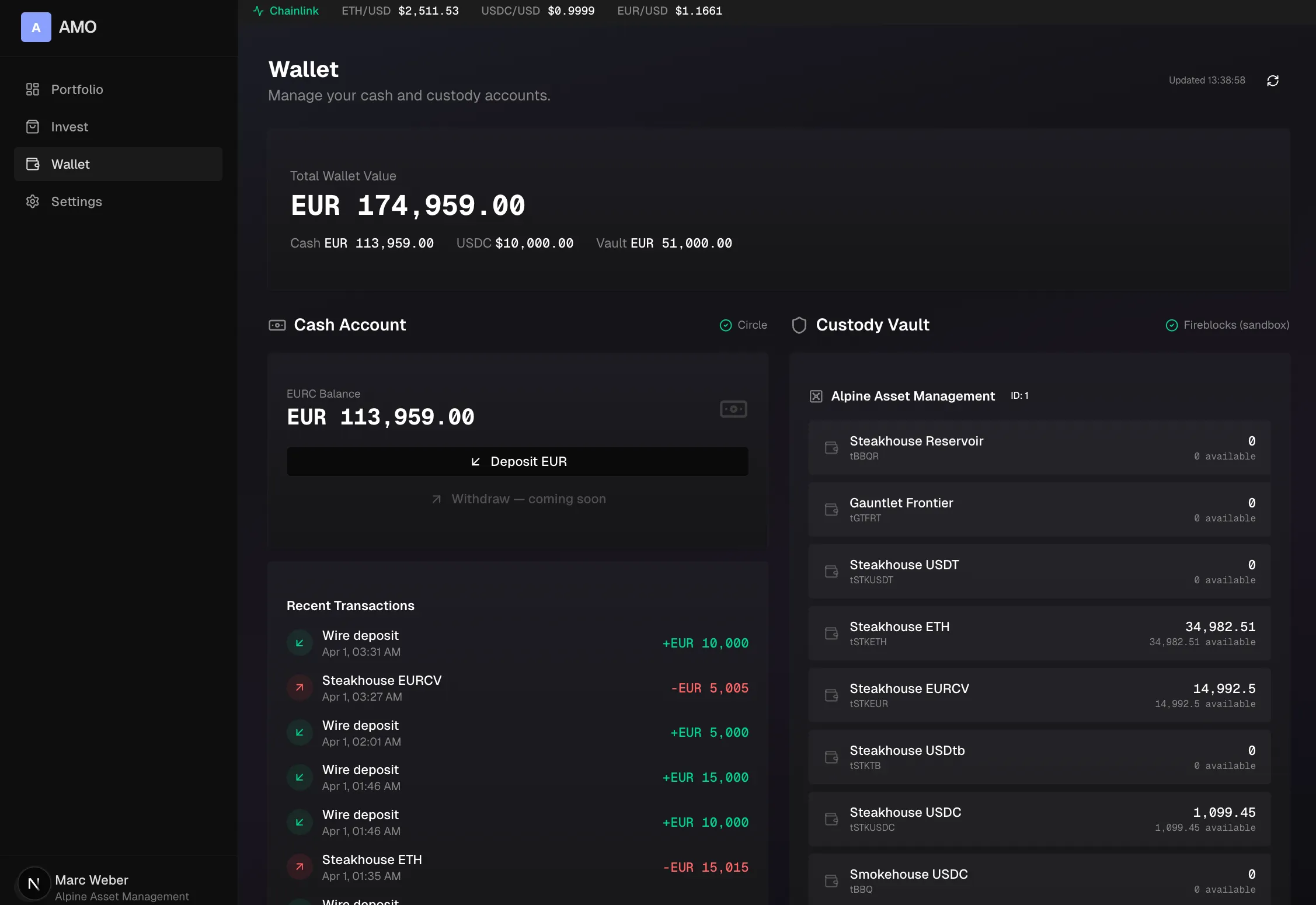 The firm's own cash account and custody vault | Screenshot · synthetic data